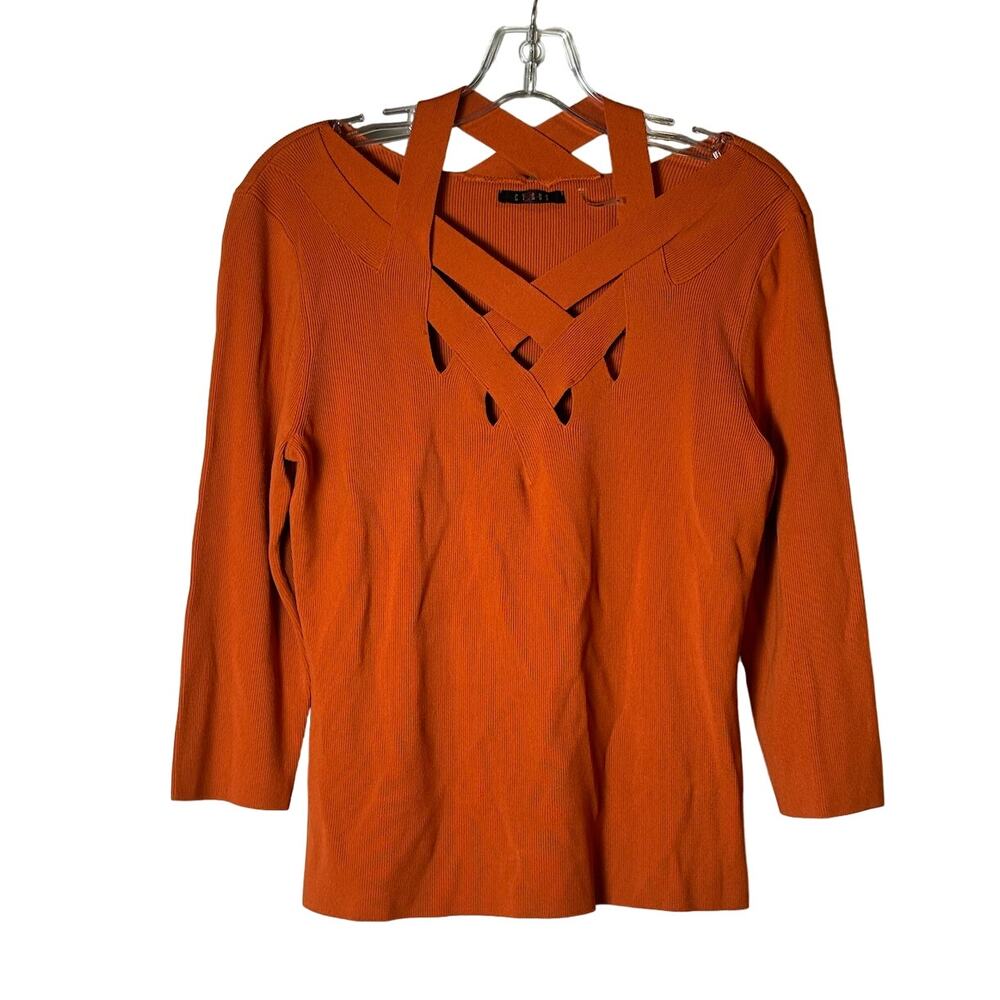 Vintage EUC Cyrus Rust Orange Criss Cross Knit Ribbed Sweater Flattering